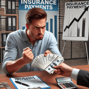 image of an angry man paying a large amount of money to an insurance company