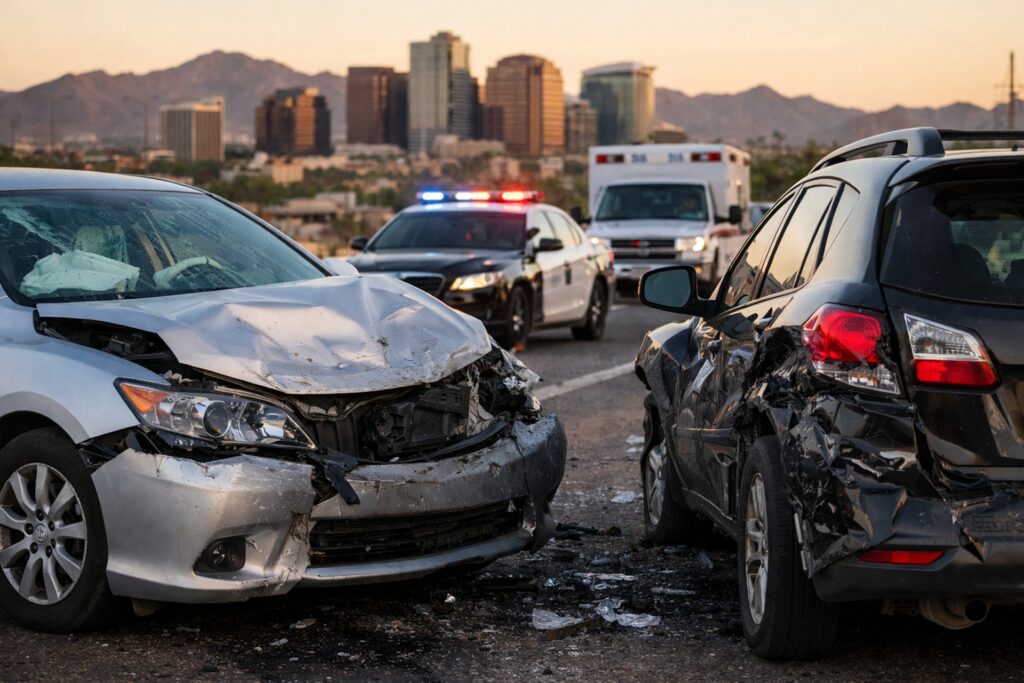 No insurance car accident scene with police and ambulance