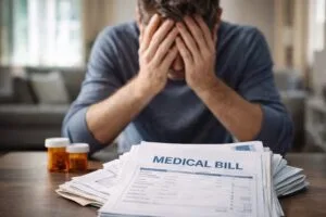 man stressed over medical bills wondering how medical bills are paid after a car accident in Arizona