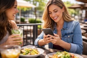 woman at an outdoor patio with a friend posting on social media but wondering can social media affect my car accident claim?
