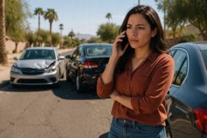woman at a car accident scene wondering if she has a strong car accident case in arizona
