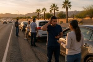 cars pulled over on the freeway worried about damages in a multi-car accident