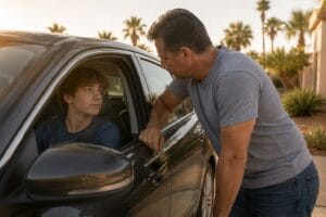 parent talking with teenager about teen car accidents