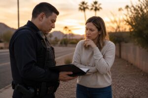 woman talking to police officer after an unlicensed driver accident